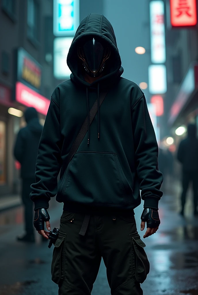 (masterpiece, full body shot, Intricate raw photography)cyberpunk citizen, Oversized extra asymmetrical black hoodie, black cargo pants, black clothes, dark, tactical gloves, He is wearing a very intricate, high-tech black futuristic cyberhelmet.,  dark environment, dramatico, Light and shadow, ((Kinematic, Black neon,))  action film, sharpness, neon-noir modern city, street neon lights, calle dark, evening, Insta photo, Photo of the Year, Epic depth field, Epic resolution, Epic Quality, Epic sharpness, intricate epic,urban techwear,Reelmech