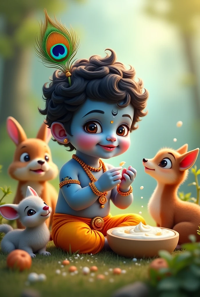 Create a cute image of  lord Krishna surrounded by animals while he is eating curd make sure that Krishna is a little blue in colour and has peacock feather in his hair 