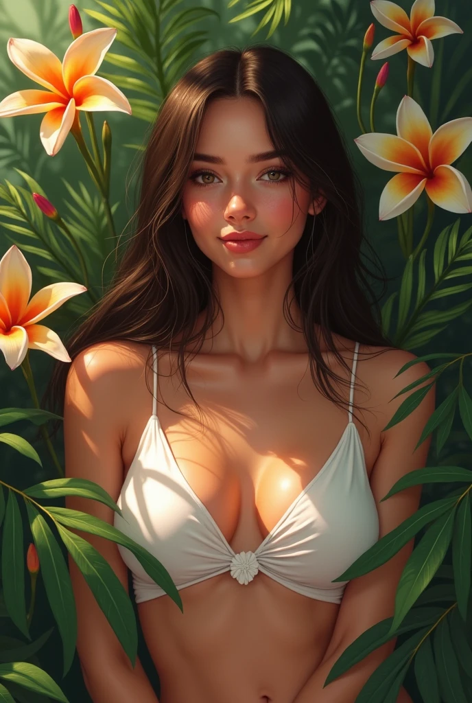 A brunette woman, straight hair in a lush tropical garden, wearing no shirt, showing breasts, with a close-up capturing the harmonious beauty between her breasts and the natural flowers, showing off your natural charm and outgoing personality.