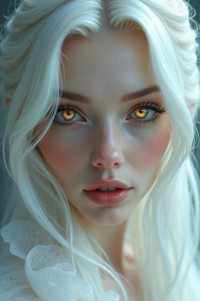 Woman with white hair and golden eyes