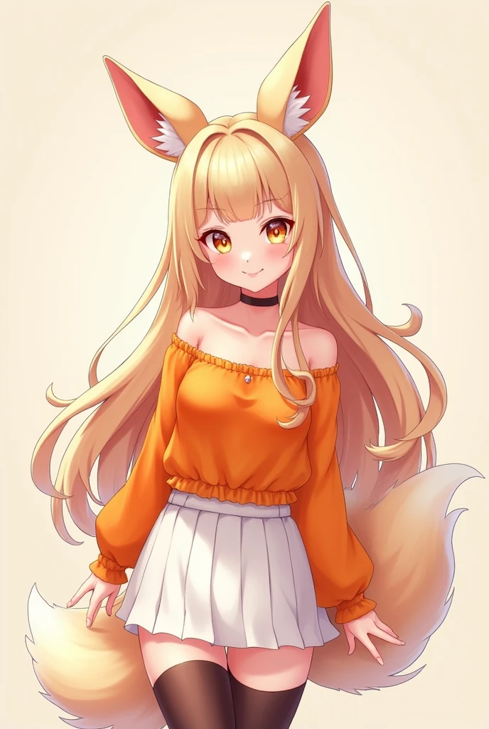 Beautiful Vtuber girl long hair smiley face with a fox ear wearing an beautiful orange top, white short skirt and stocking. no background