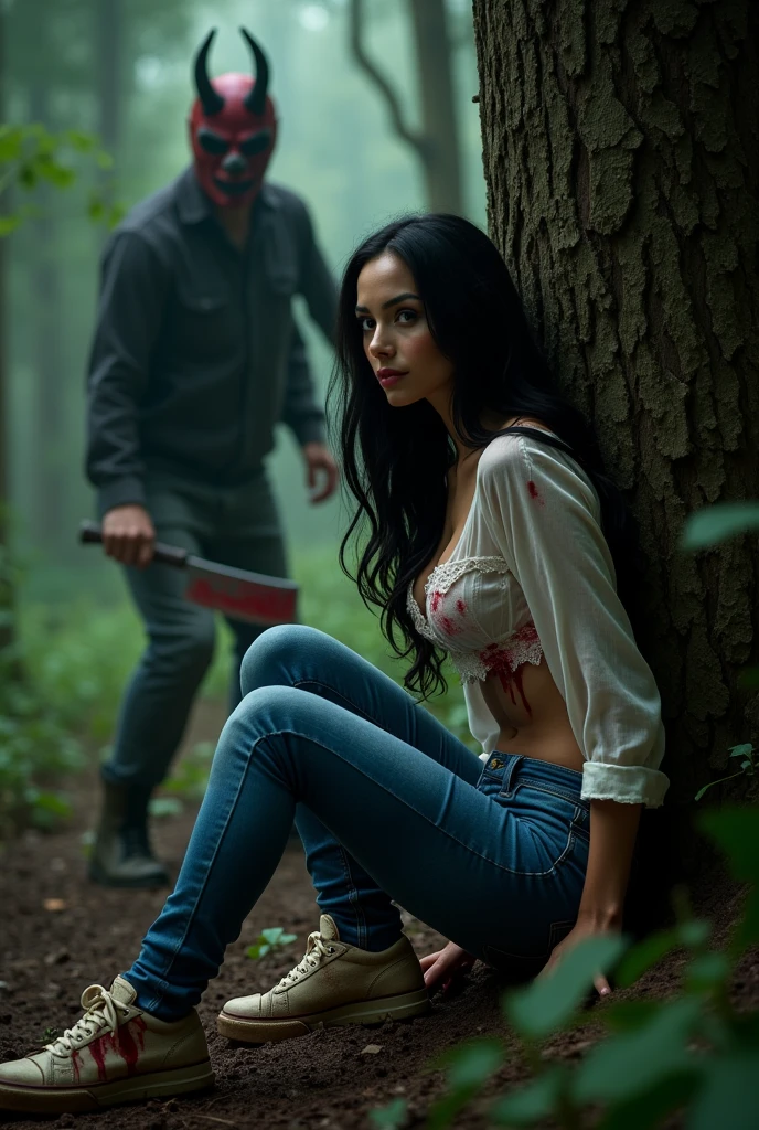 ultra realistic, photography, long black straight hair, elegant hair, (30 years old, hazel eyes, hourglass figure, perfect fit body, natural big breasts), femme fatale, she is wearing a very ripped and torn blouse with a plunging neckline, pushed down over her right shoulder, blood is on her blouse, there are bloodstains on her blue jeans, her sneakers are dirty, she is hiding in the woods, standing behind a big tree, she is leaning against the tree, she is hiding, she looks scared, a guy with a devils mask and a bloody machete is looking for her, extreme wide angle