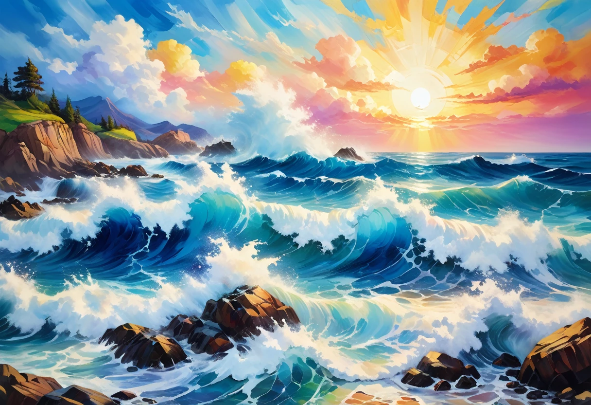 masterpiece, best composition, dynamic composition, colorful landscape painting with sea, big waves and sunset, colorful landscape painting, psychedelic landscape, vivid oil painting, vivid abstract landscape, color field painting. 8K, stunning colorful landscape, detailed impasto, colorful oil painting, psychedelic sky, mountains and colorful sunset! 8K, painted landscape, colorful sky, rocky beach, rough sea, big waves, white waves crashing on rocks, blue coast, blue sea, blue sky, white clouds, midsummer sun, transparent and translucent blue image filters.
