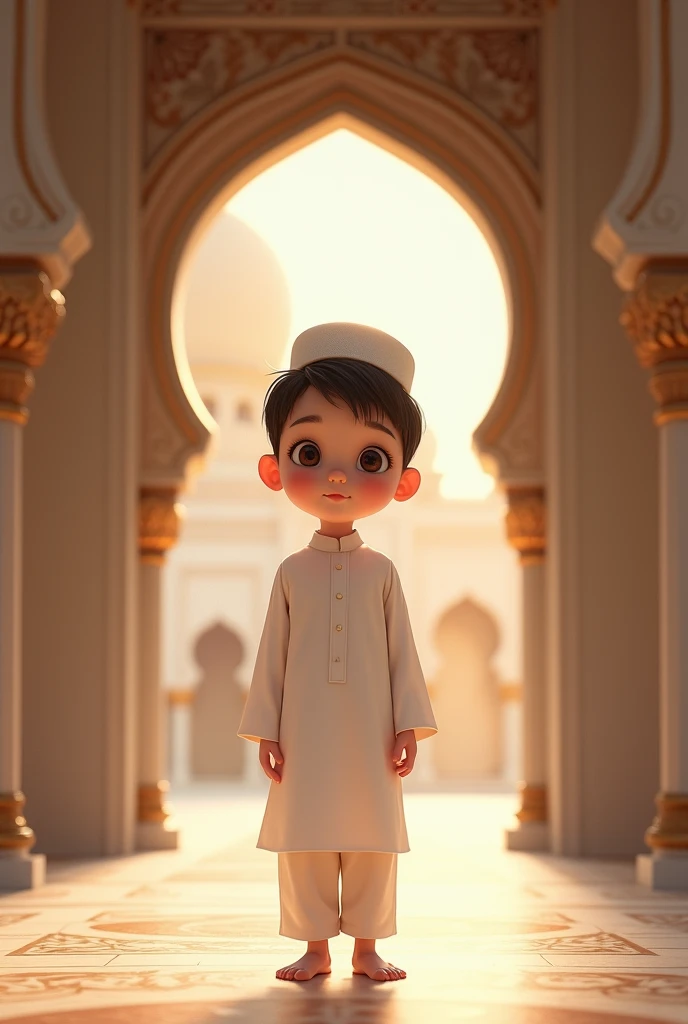A cute in white kurta pajama wearing the cap in mosque