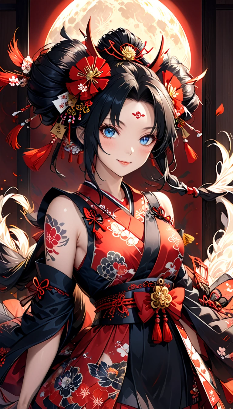 Ink painting, (((1 girl))), (((Tattoo in the middle of the forehead))),(((In the background is the Akatsuki moon))), (((Oiran))), (((Great hair accessories))), Demon possession, ((Masterpiece:1.2)), ((Highest quality)), (((Upper body covered))), Extremely detailed and delicate illustration style, Detailed leather texture, Detailed canvas texture, Very detailed description, (Masterpiece T), Extremely beautiful illustration, Highly detailed face, Raw image, professional, Ultra-high resolution panel, Complex details, Superior detail, Intricate decoration details, Perfect anatomy, real, figure、Blush,He smiles、Red poetry、long hair、usual clothes、Combat uniform、Visible collarbone、Beautiful feet、usual hairstyle、Highest quality, High accuracy, Unity wallpaper 8k, (figure:0.8), (Beautiful and beautiful eyes:1.6), Highly detailed face, Perfect lighting, Highly detailed CG, (Perfect hands, Perfect anatomy),