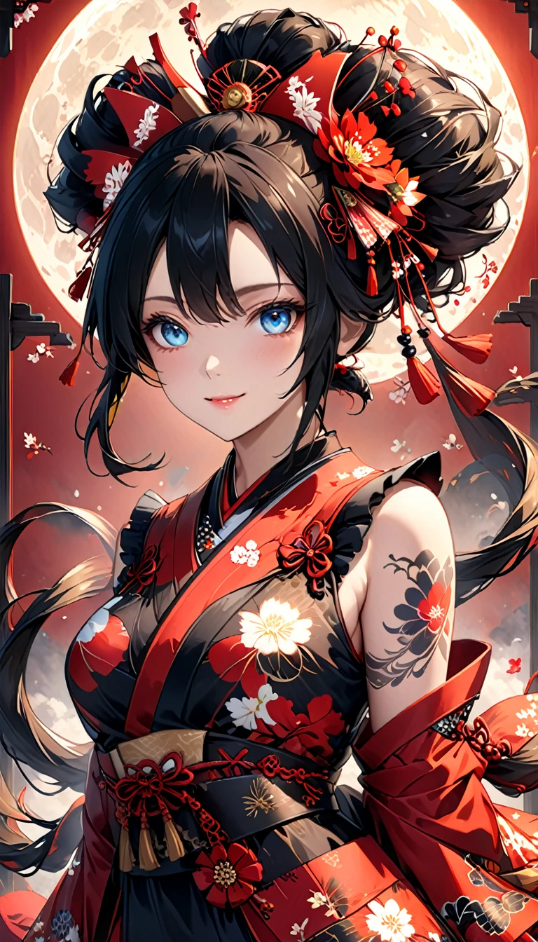 Ink painting, (((1 girl))), (((Tattoo in the middle of the forehead))),(((In the background is the Akatsuki moon))), (((Oiran))), (((Great hair accessories))), Demon possession, ((Masterpiece:1.2)), ((Highest quality)), (((Upper body covered))), Extremely detailed and delicate illustration style, Detailed leather texture, Detailed canvas texture, Very detailed description, (Masterpiece T), Extremely beautiful illustration, Highly detailed face, Raw image, professional, Ultra-high resolution panel, Complex details, Superior detail, Intricate decoration details, Perfect anatomy, real, figure、Blush,He smiles、Red poetry、long hair、usual clothes、Combat uniform、Visible collarbone、Beautiful feet、usual hairstyle、Highest quality, High accuracy, Unity wallpaper 8k, (figure:0.8), (Beautiful and beautiful eyes:1.6), Highly detailed face, Perfect lighting, Highly detailed CG, (Perfect hands, Perfect anatomy),