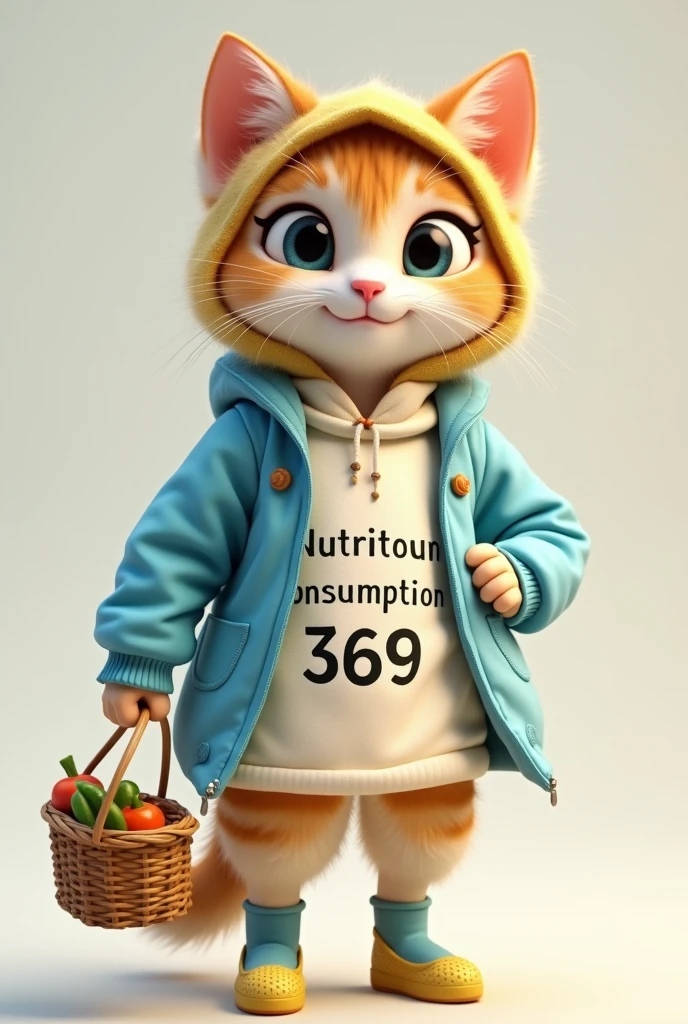 Make my facebook profile picture a girl, she wears youthful clothes, personality blue white and yellow, on the clothes there is the word nutrition consumption 369 , her face is the face of a cute cat, she has a shopping basket