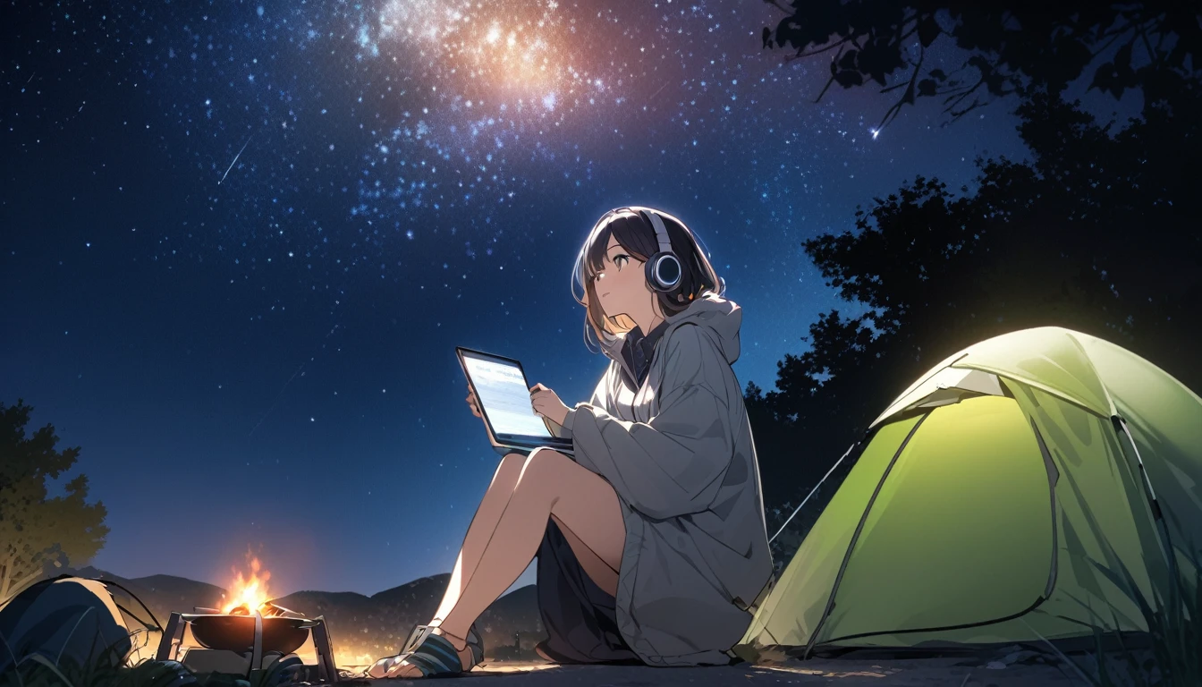 Woman gazing at the stars while camping,Night starry sky,Streetscape、listen to music、Japanese