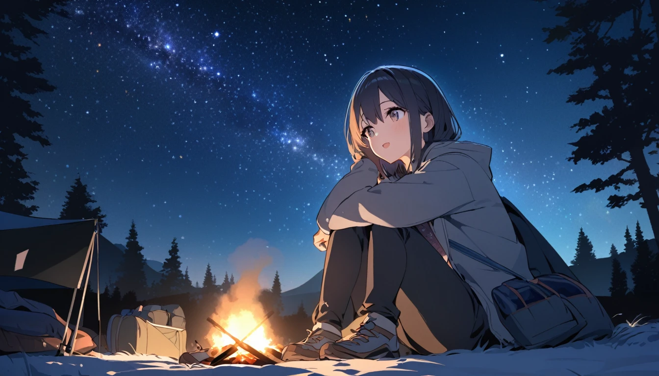 Woman gazing at the stars while camping,Night starry sky,Streetscape、listen to music、Japanese