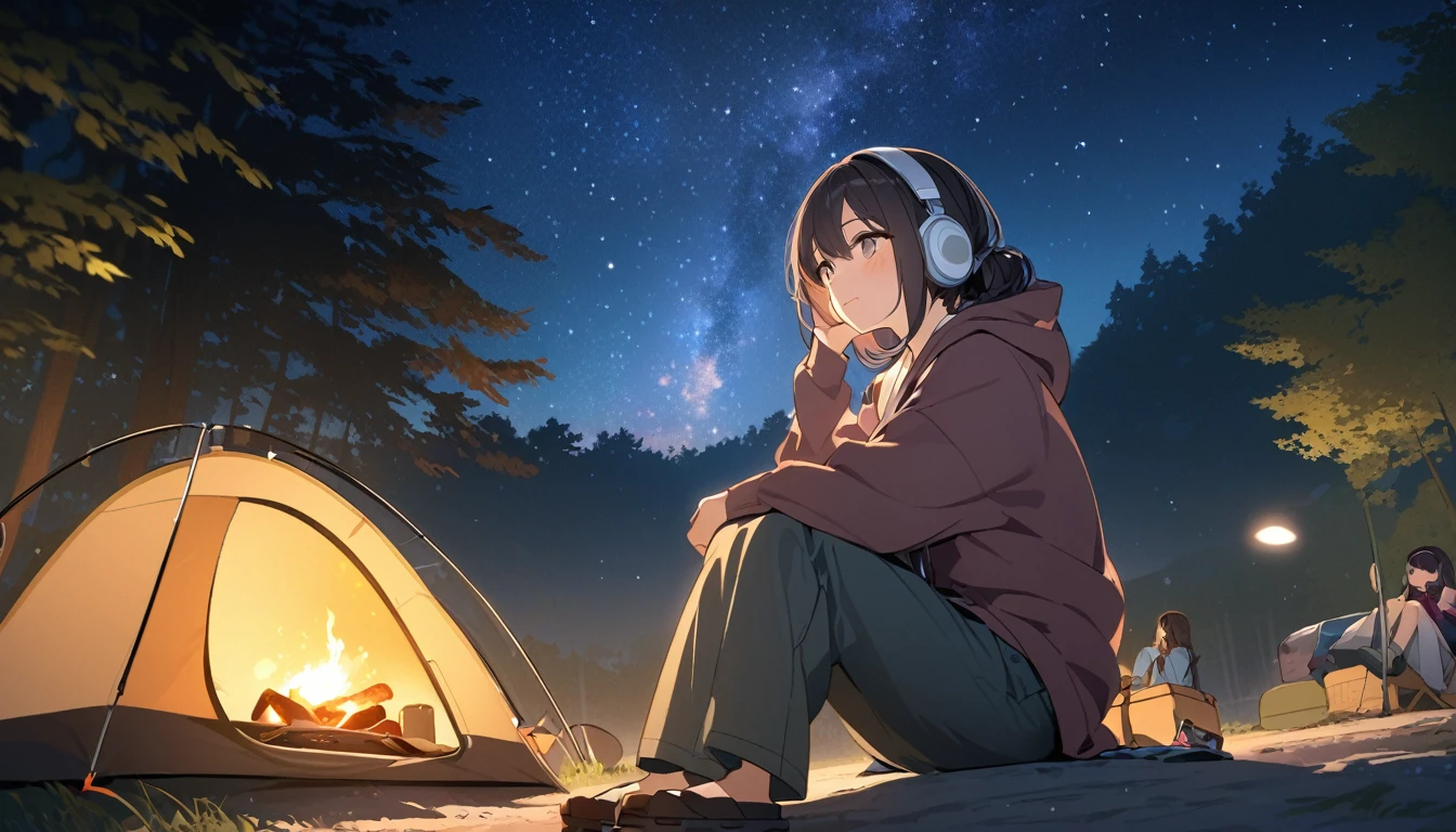 Woman gazing at the stars while camping,Night starry sky,Streetscape、listen to music、Japanese