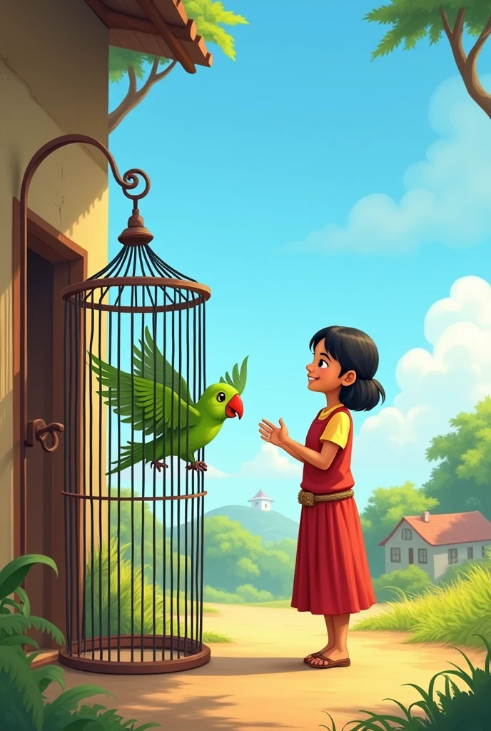 One day, Mishal opened Mitthu's cage to let him fly freely."
Prompt: An illustration of Mishal, with a gentle smile, opening the door of the parrot's cage. Mitthu, the green parrot with a red beak, is beginning to fly out. The scene is outdoors with a small village in the background and a clear blue sky.