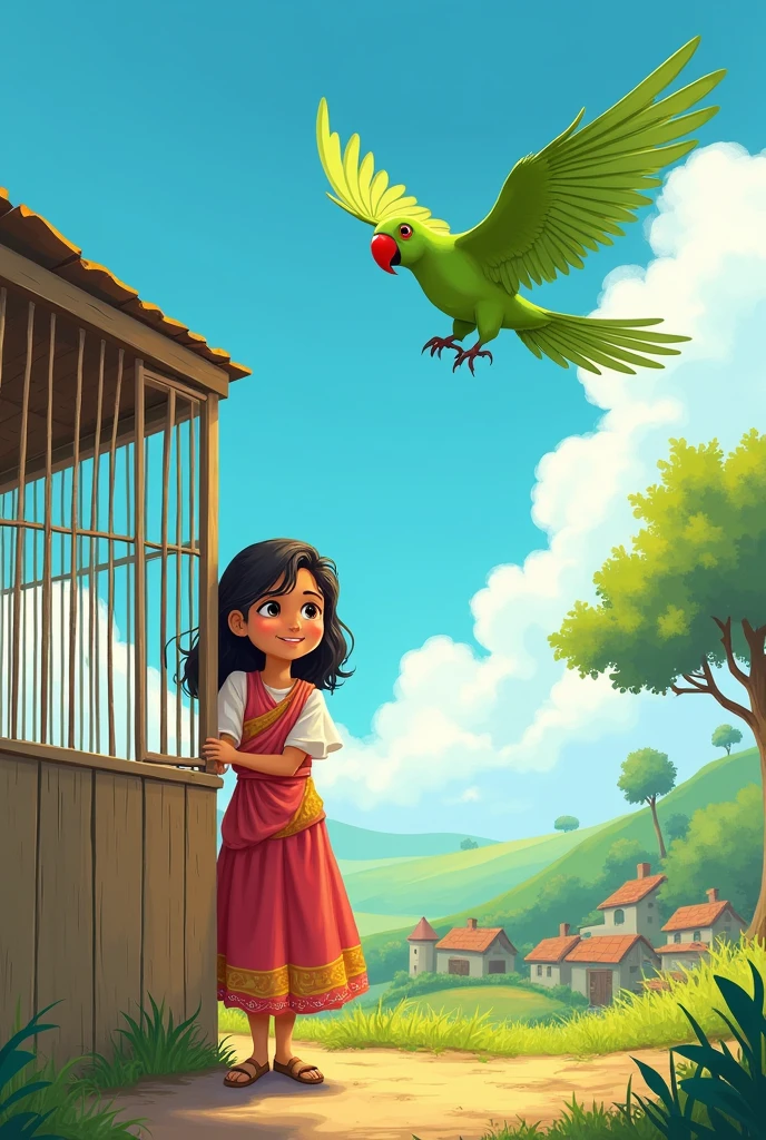 One day, Mishal opened Mitthu's cage to let him fly freely."
Prompt: An illustration of Mishal, with a gentle smile, opening the door of the parrot's cage. Mitthu, the green parrot with a red beak, is beginning to fly out. The scene is outdoors with a small village in the background and a clear blue sky.