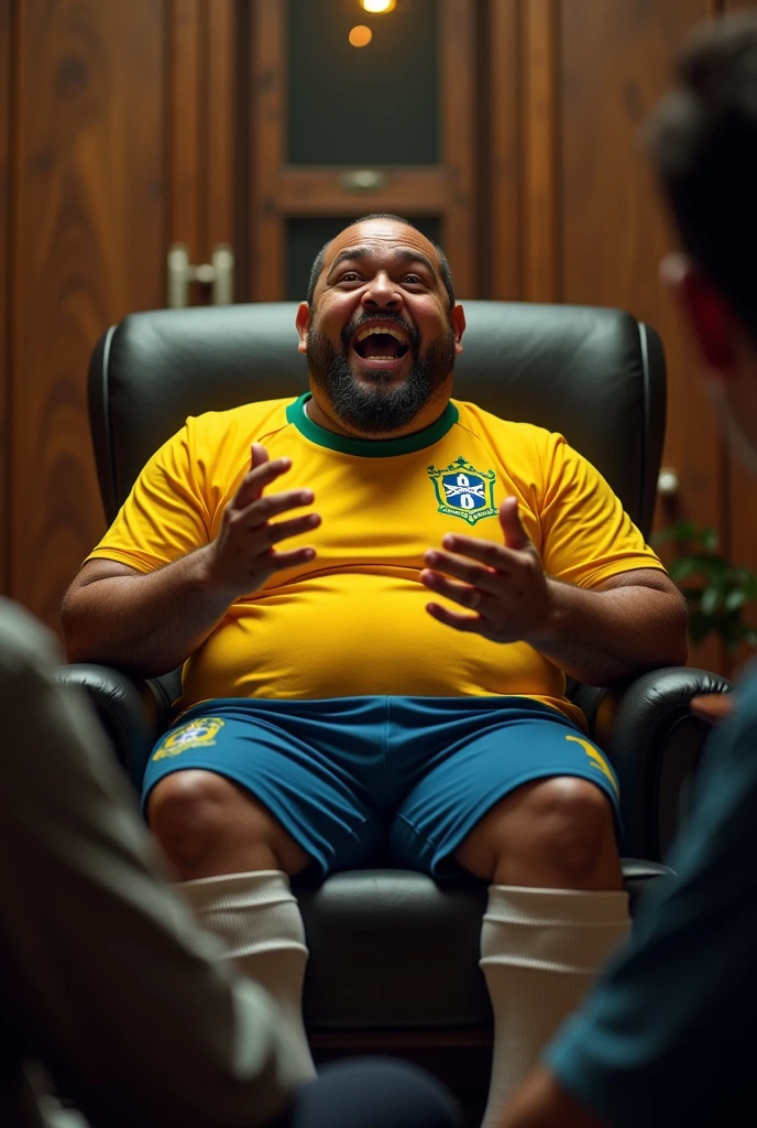 take a picture of a fat Brazilian player in a chair telling a story for the image 