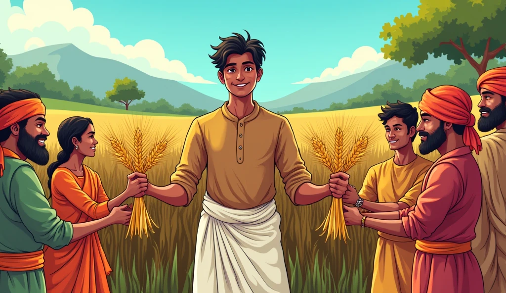 Villagers Admiring Dhruv’s(indian farmer) Harvest
Description: A comic-style image of Dhruv, surrounded by the villagers who once mocked him. They’re now admiring his rich harvest. Dhruv, in his usual white dhoti and brown kurta, is handing out wheat sheaves to the villagers, who look grateful and impressed
In same photo give a young looks to farmer 