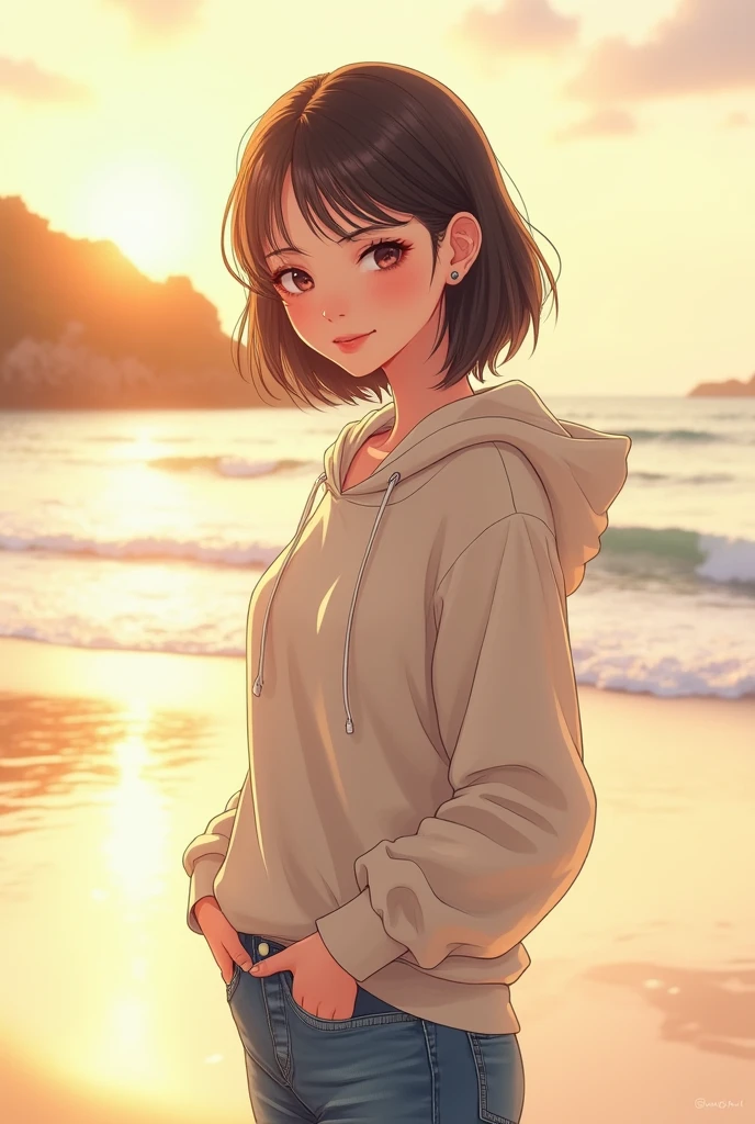 beautiful korean girl stand up atbeach, wearing loose tshirt with hoodie, jeans pants, , , soft lighting, background a beach, have sunlight, relaxed pose, , warm color. anime versi.. sketch