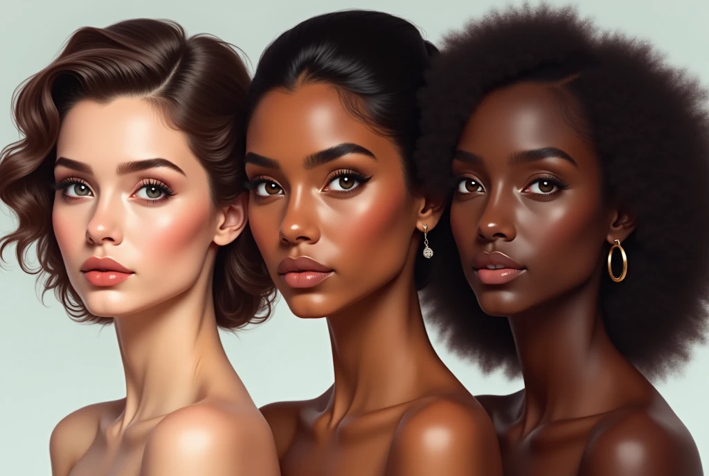 "Create an artistic image featuring three women with different skin tones: one fair, one medium, and one dark. Each woman should be portrayed in a way that highlights her natural beauty with elegant and radiant expressions. Ensure that the image reflects confidence and individuality. Use a soft and neutral background to enhance the focus on the women. Include the text at the top: 'Aakhir Kaise Lagti Hai Auratein Har Rang Mein Itni Khubsurat?' in a larger, elegant, modern font. For the remaining text, make it slightly smaller and in a complementary color."