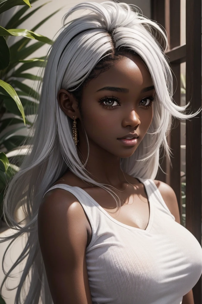 cute hair, chocolate skin, ager, beautiful face, deep ebony, showing big breasts, SFW, upper body light white hair beauty