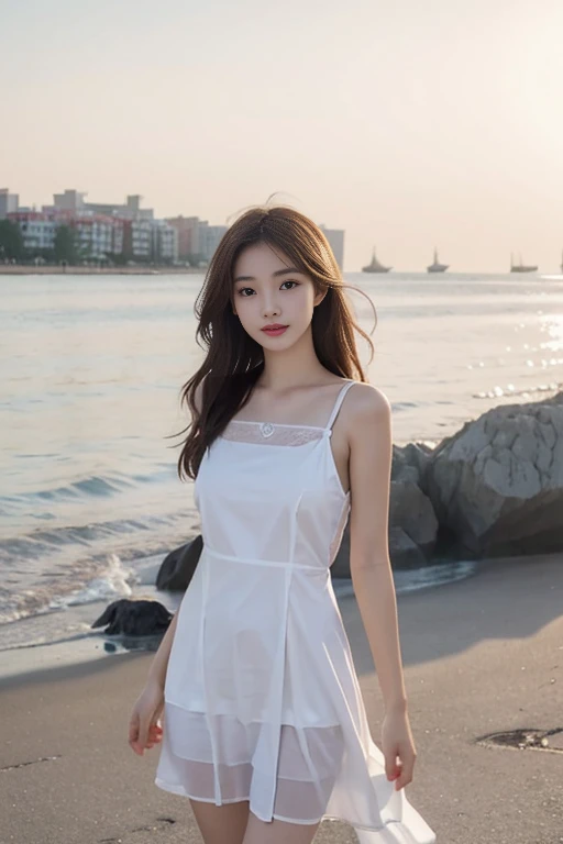 1 Girl,seaside,Soft Light,Chinese Beauty,Suspender dress
