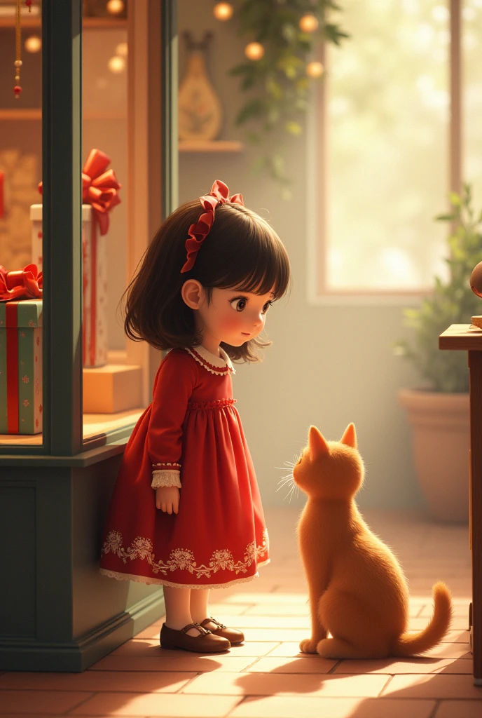 A brown cat little daughter in red dress wants dress which is present on outlet