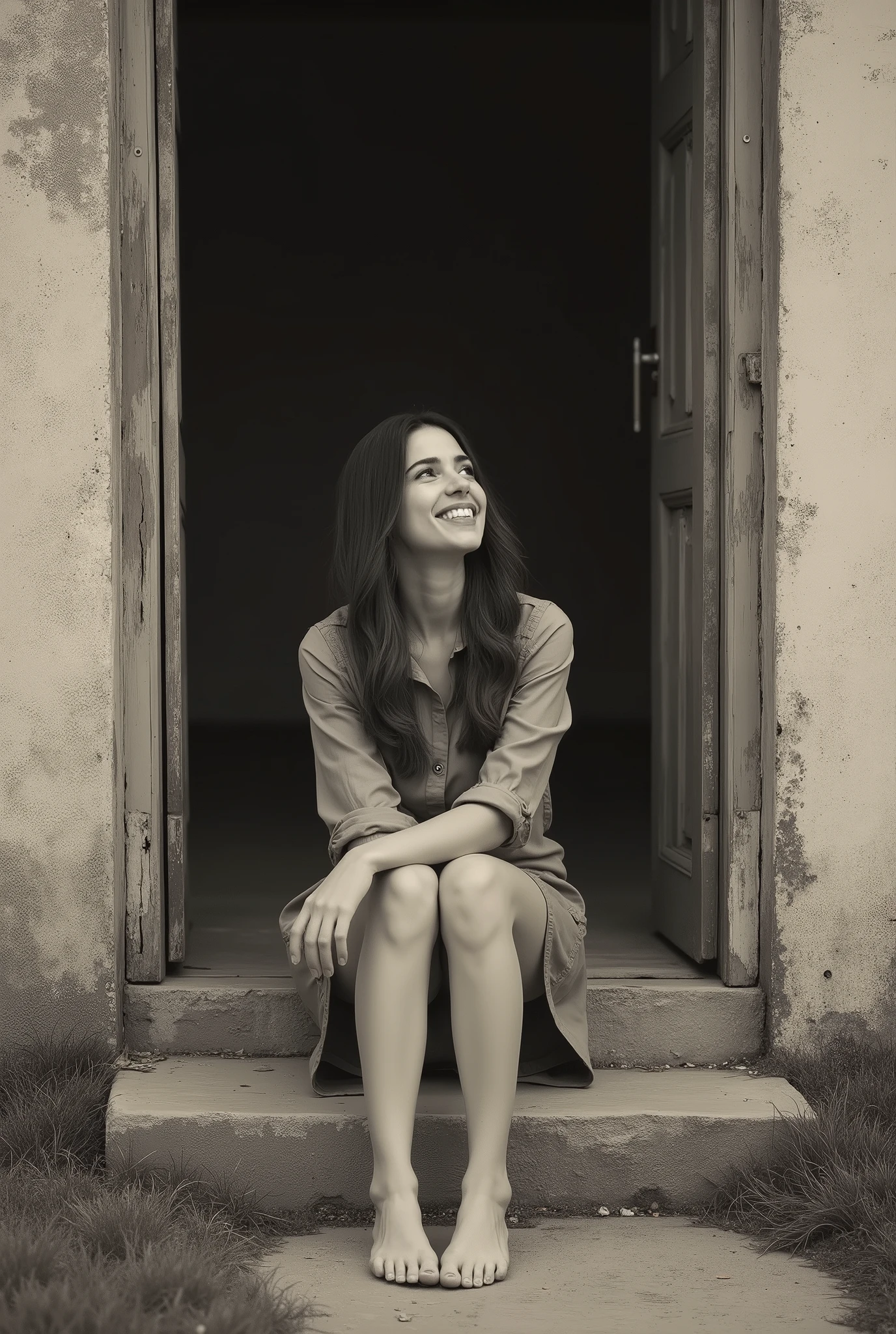old house, woman sitting at the entrance of a house, narrow door, short skirt, shirt, brunette, barefoot, like monica belluchi, monochromatic, looking up, happy, monochromatic, old photo style