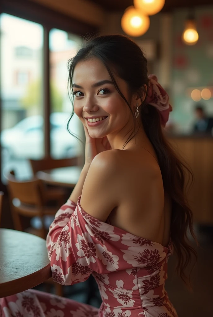 ((Marian rivera)), 30 years old, (8K, best quality:1.2), ((sitting on chair at cafe)), beautiful Smile, seduced smile, White skin, shiny skin, (masterpiece:1.37), (photo, photorealistic:1.37), (ultrahigh-res),Full Body, view from back, slow motion, (insanely detailed, bloom:1.5), (highest quality, Alessandro Casagrande, Greg Rutkowski, Sally Mann, concept art, 4k), (analog:1.2), (high sharpness), (detailed pupils:1.1), detailed face and eyes, Masterpiece, best quality, (highly detailed photo:1.1), photographed by Canon EOS R6, 135mm, 1/1250s, f/2.8, ISO 400, Realistic, 8k, ((masterpiece)), looking at the viewer, (detailed), detailed face, white skin, Glowing Skin, bright room, ((Wearing tight Silk light maroon floral long aodai with closed hijab)), at cafe