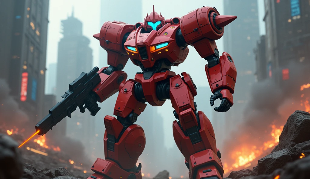 A highly detailed scene featuring a towering red battle mech, fully armored and equipped with advanced weaponry, standing amidst a futuristic urban battleground. The mech, with glowing blue eyes and various light-emitting details, exudes power and dominance. It is posed in an action-ready stance, with one arm holding a massive gun and the other arm with a glowing energy weapon. The mech's design is a blend of sharp, angular components and heavy-duty mechanical parts, with glowing orange thrusters and highlights throughout its body. The background showcases a cityscape with tall buildings and a dark, gritty atmosphere, lit by the burning fires and explosions in the distance. The overall mood is intense, evoking a sense of imminent battle and destruction