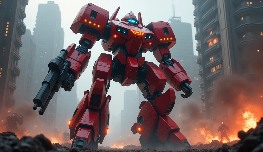 A highly detailed scene featuring a towering red battle mech, fully armored and equipped with advanced weaponry, standing amidst a futuristic urban battleground. The mech, with glowing blue eyes and various light-emitting details, exudes power and dominance. It is posed in an action-ready stance, with one arm holding a massive gun and the other arm with a glowing energy weapon. The mech's design is a blend of sharp, angular components and heavy-duty mechanical parts, with glowing orange thrusters and highlights throughout its body. The background showcases a cityscape with tall buildings and a dark, gritty atmosphere, lit by the burning fires and explosions in the distance. The overall mood is intense, evoking a sense of imminent battle and destruction