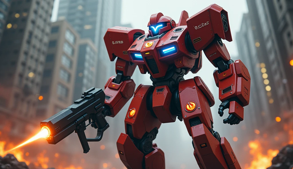 A highly detailed scene featuring a towering red battle mech, fully armored and equipped with advanced weaponry, standing amidst a futuristic urban battleground. The mech, with glowing blue eyes and various light-emitting details, exudes power and dominance. It is posed in an action-ready stance, with one arm holding a massive gun and the other arm with a glowing energy weapon. The mech's design is a blend of sharp, angular components and heavy-duty mechanical parts, with glowing orange thrusters and highlights throughout its body. The background showcases a cityscape with tall buildings and a dark, gritty atmosphere, lit by the burning fires and explosions in the distance. The overall mood is intense, evoking a sense of imminent battle and destruction