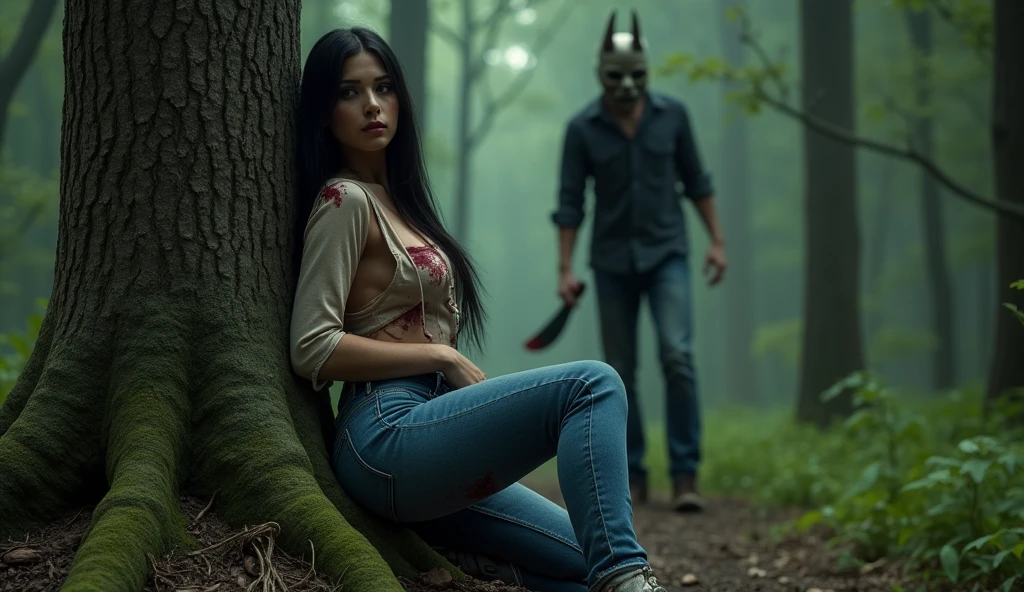 ultra realistic, photography, long black straight hair, elegant hair, (30 years old, hazel eyes, hourglass figure, perfect fit body, natural big breasts), femme fatale, she is wearing a very ripped and torn blouse with a plunging neckline, pushed down over her right shoulder, blood is on her blouse, there are bloodstains on her blue jeans, her sneakers are dirty, she is hiding in the woods, standing behind a big tree, she is leaning against the tree, she looks scared, a guy with a devils mask and a bloody machete is approaching behind her, extreme wide angle