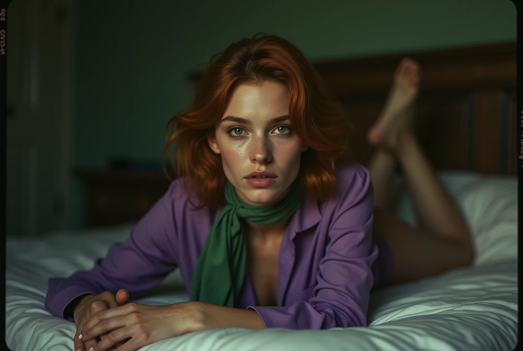 1girl, photorealistic porn movie naked big , languid, loose, shoulder length auburn hair, green eyes,lying on a bed, wearing an open purple shirt with bare midriff, green neck scarf, lilac underwear, erotic nsfw pose, 11:30 pm, dimly lit, dark room, bad camera, bad photo, moody, by ellen von unwerth, Polaroid photography,