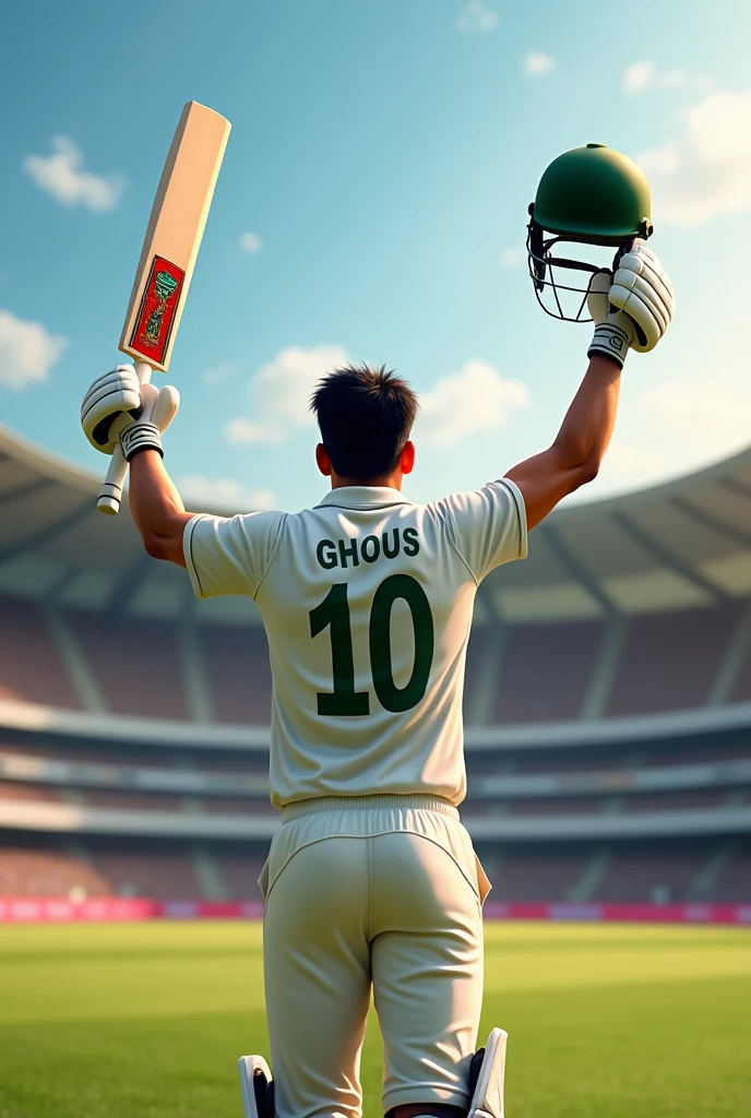 A player is standing in the middle of a stadium and while celebrating his century, he has raised his bat and his helmet high in the air and his number 10 is on the back of his shirt and he is celebrating by keeping both the bat high in the air. And his player name is Mohammad ghous