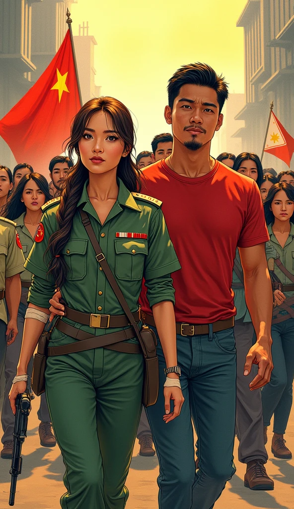 a revolution with a chinese female soldier with long tied brown hair with bandages in a military uniform with a filipino man with black hair in a red shirt with filipinos and filipinas behind them'comic art'