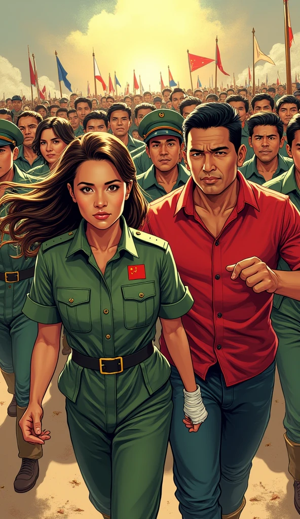 a revolution with a chinese female soldier with long tied brown hair with bandages in a military uniform with a filipino man with black hair in a red shirt with filipinos and filipinas behind them'comic art'