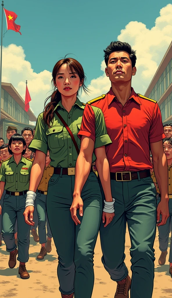 a revolution with a chinese female soldier with long tied brown hair with bandages in a military uniform with a filipino man with black hair in a red shirt with filipinos and filipinas behind them'comic art'