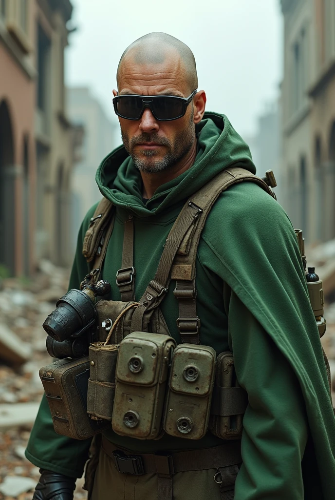 A bald man with a small beard in the apocalypse and he’s young and also it he has a poncho on also he has som military gear on like a helmet the poncho has to be green and a shooting glasses 