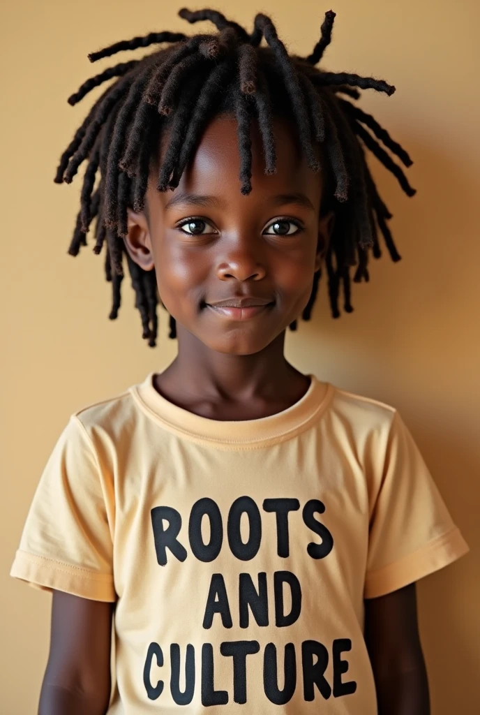 african boy with dreaded hair wearing a t shirt labeled roots and culture