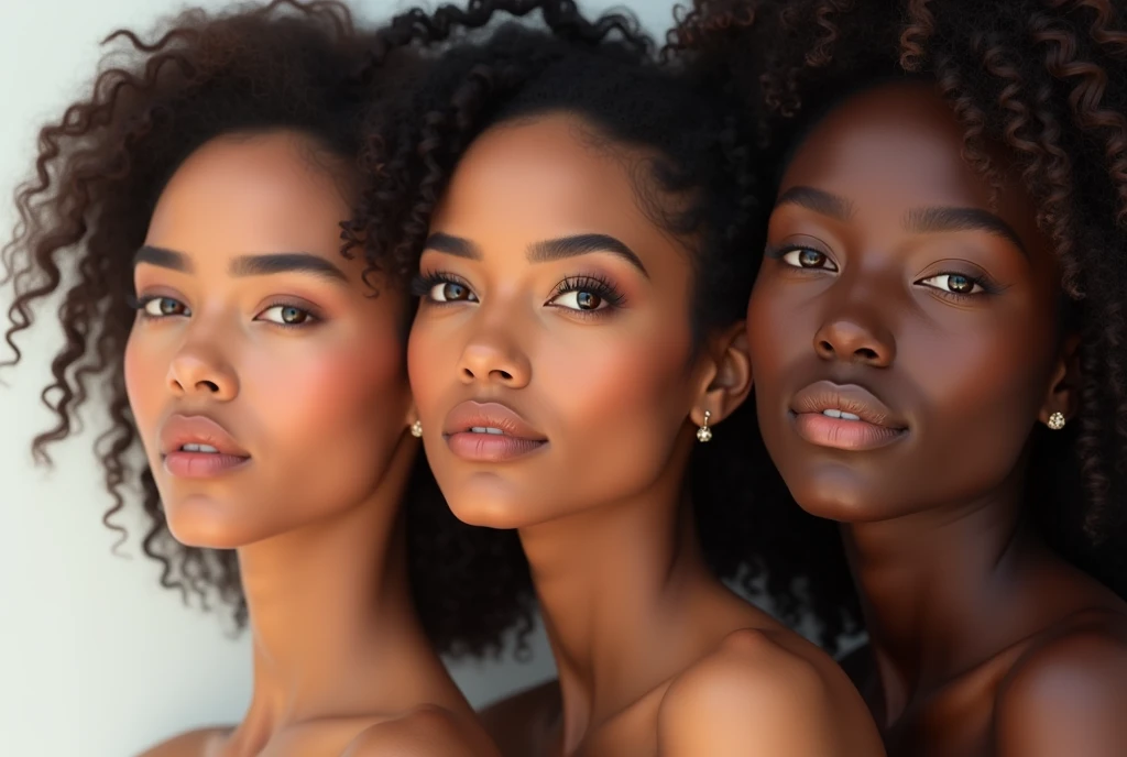 "Create an artistic image featuring three women with different skin tones: one fair, one medium, and one dark. Each woman should be portrayed in a way that highlights her natural beauty with elegant and radiant expressions. Ensure that the image reflects confidence and individuality. Use a soft and neutral background to enhance the focus on the women. Include the text at the top: 'Aakhir Kaise Lagti Hai Auratein Har Rang Mein Itni Khubsurat?' in a larger, elegant, modern font. For the remaining text, make it slightly smaller and in a complementary color."
