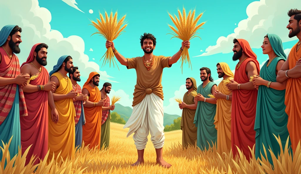 Villagers Admiring Dhruv’s(indian farmer) Harvest
Description: A comic-style image of Dhruv, surrounded by the villagers who once mocked him. They’re now admiring his rich harvest. Dhruv, in his usual white dhoti and brown kurta, is handing out wheat sheaves to the villagers, who look grateful and impressed
In same photo give a young looks to farmer