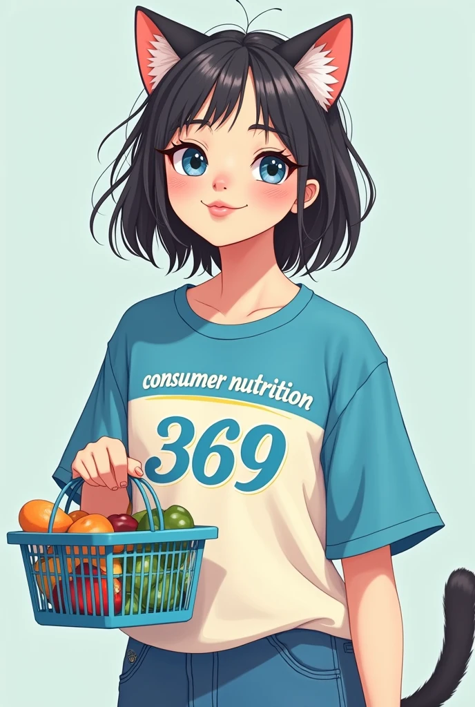 Make my facebook profile picture a girl, she wears youthful clothes, personality blue white and yellow, on the clothes there is a line "consumer nutrition 369" , her face is the face of a cute cat, she has a shopping basket