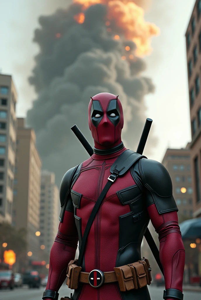 Deadpool with moment of shocked building background