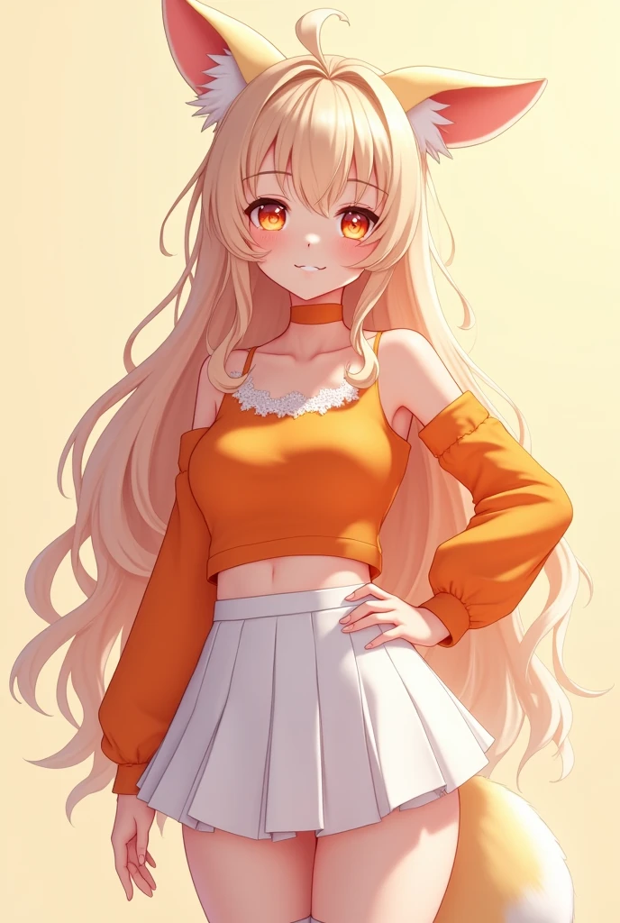 Beautiful Vtuber girl long hair smiley face with a fox ear wearing an beautiful orange top, white short skirt and stocking. no background