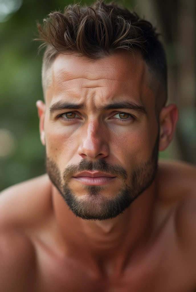 Un homme avec des epaules larges, cheveux chatain, machoire carrée avec de la barbe de 3 jours, coupe de cheveux court avec de l’epaisseur et des yeux marrons agé de 25 ans et pas trop bronzé, photo naturelle stp buzz cut please