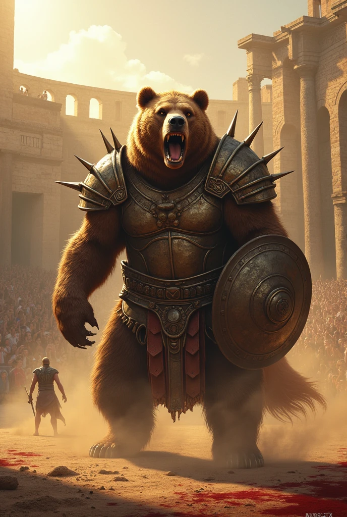 In the heart of the ancient Roman Colosseum, a fearsome brown bear stands ready for battle, its massive frame clad in intricate, gladiatorial armor. The bear's armor is a mix of worn leather and bronze plates, with spikes protruding from its shoulders and a helmet fitted snugly over its head, leaving its fierce, amber eyes exposed. The sun casts a golden glow over the arena, highlighting the bear’s powerful muscles and the sheen of its armor. Dust swirls around its feet as it lets out a deafening roar, echoing through the towering stone walls. Opposite the bear, a lone gladiator, armed with a gladius and shield, cautiously approaches, the crowd roaring in anticipation. The bear’s armor, adorned with ancient Roman insignia, reflects the might and grandeur of the empire, creating a scene of primal power and historical epicness as the two warriors prepare to clash in the iconic, blood-stained sands of the Colosseum