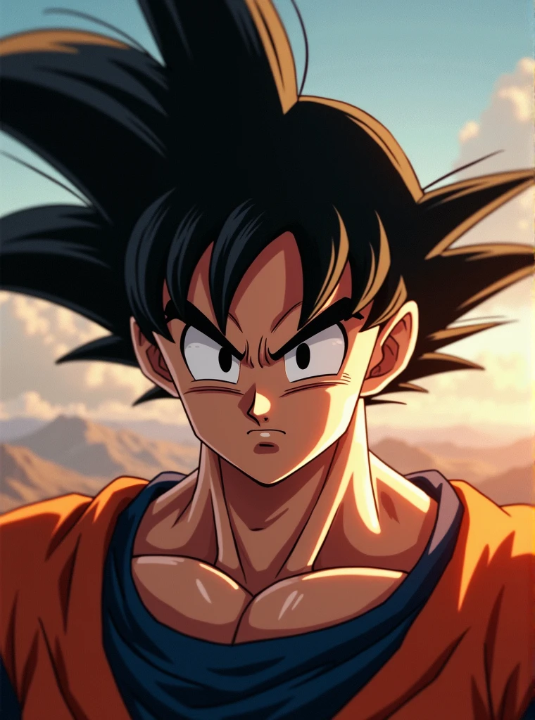 a detailed portrait photo 3:4 of Goku, vivid colors, illuminated face, shine, touch, 8K UHD, DSLR, soft-lighting, first work, high quality, grain of film, Fujifilm XT3, art cinematic, SXDL