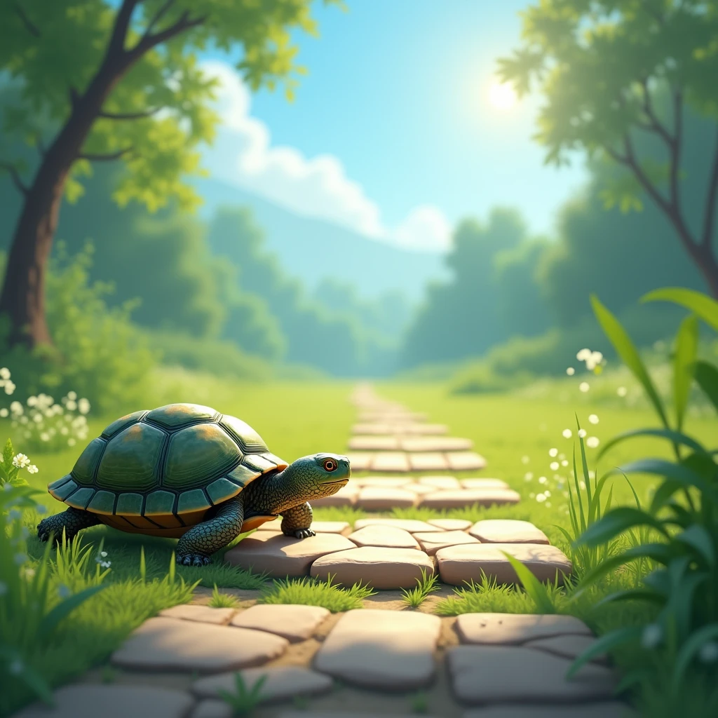 sunny day, turtle noticed a path made of rectangles stepping stones