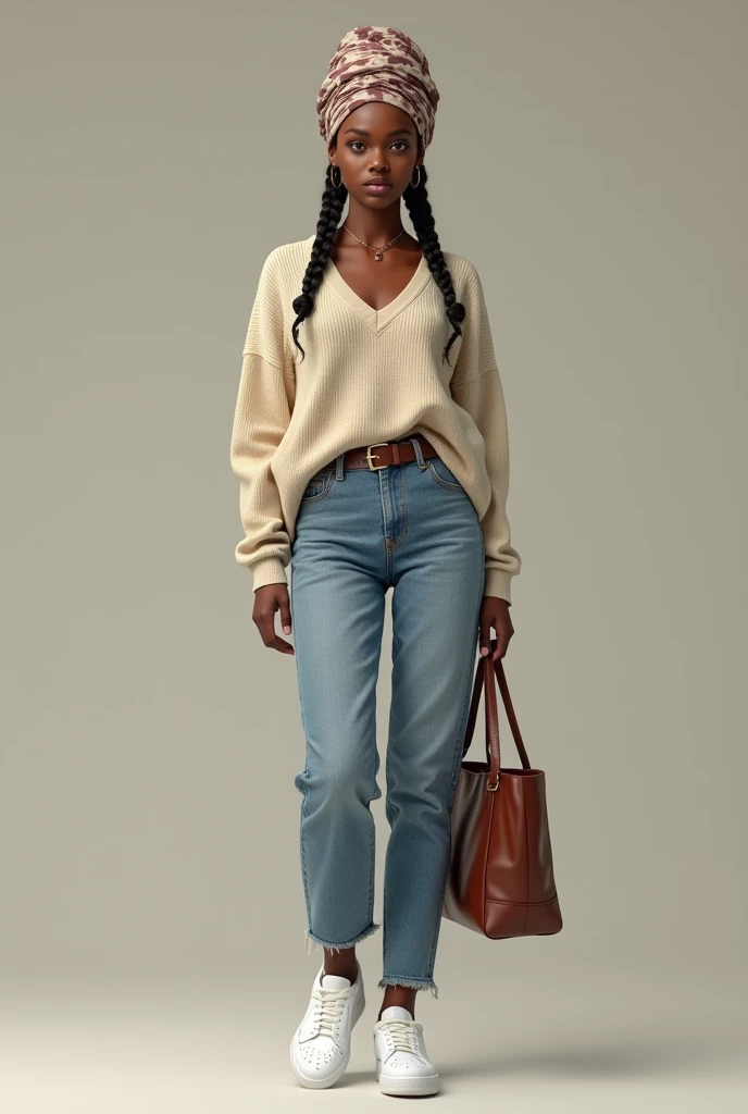 Come up with a picture of the following outfit
1 silk head wrap
2 braids
3 sweater top
4 mommy jeans
5 brown belt
6 white air force
7 tote bag