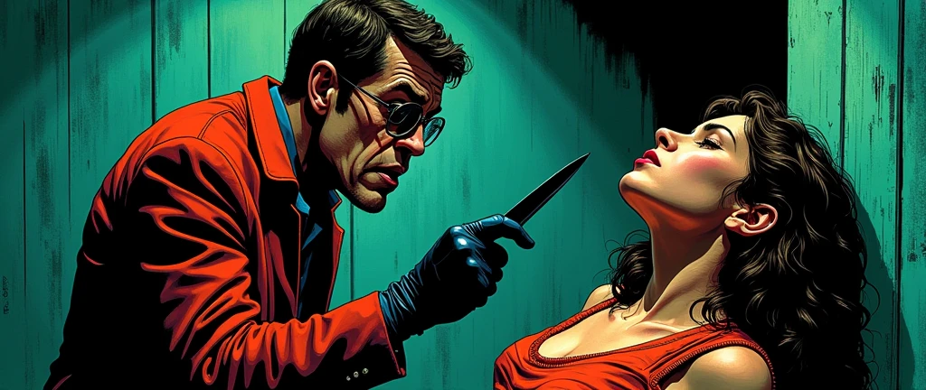 Giallo thriller, killer, an ugly bent over nerdy man, with black gloves, round glasses, knife, tied up girl in basement of horrors, (lurid vivid colors, cinematic and volumetric lighting, Technicolor, blue and orange tint, diffused green back lighting, intricate details, Fumetti comic books style, pen and ink, Metal Hurlant aesthetic, best quality, masterpiece, HD, 8X, good hands, good bodies, attention to detail, retro illustration style, classic European horror movie style, NSFW)
