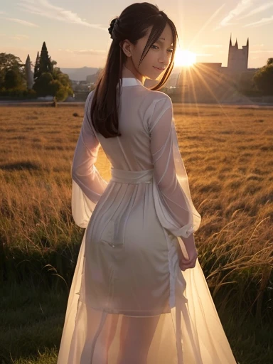 Japanese female, (underweight), (medium bust best quality:1.2), 30 years old, (cheerful grin:1.1),
grassland, (queen), hopeful, standing, semi long, (see through dress), (The lines of your body are visible through your clothes:1.2), with a castle, at sunrise, cowboy shot, ground-level shot, sunrise, (Backlit:1.5)