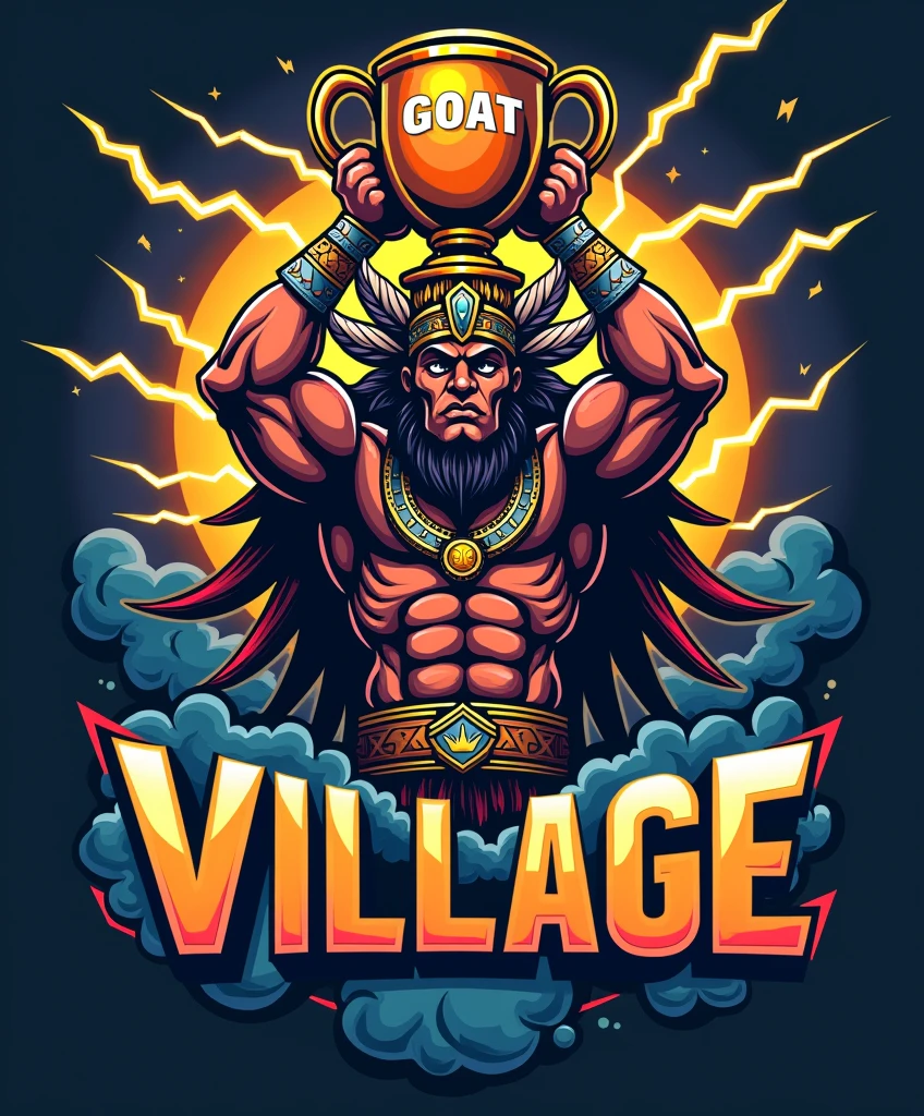 
create a sports logo with the name "village" with a mascot God of thunder Tupã holding a trophy written "goat" por dentro