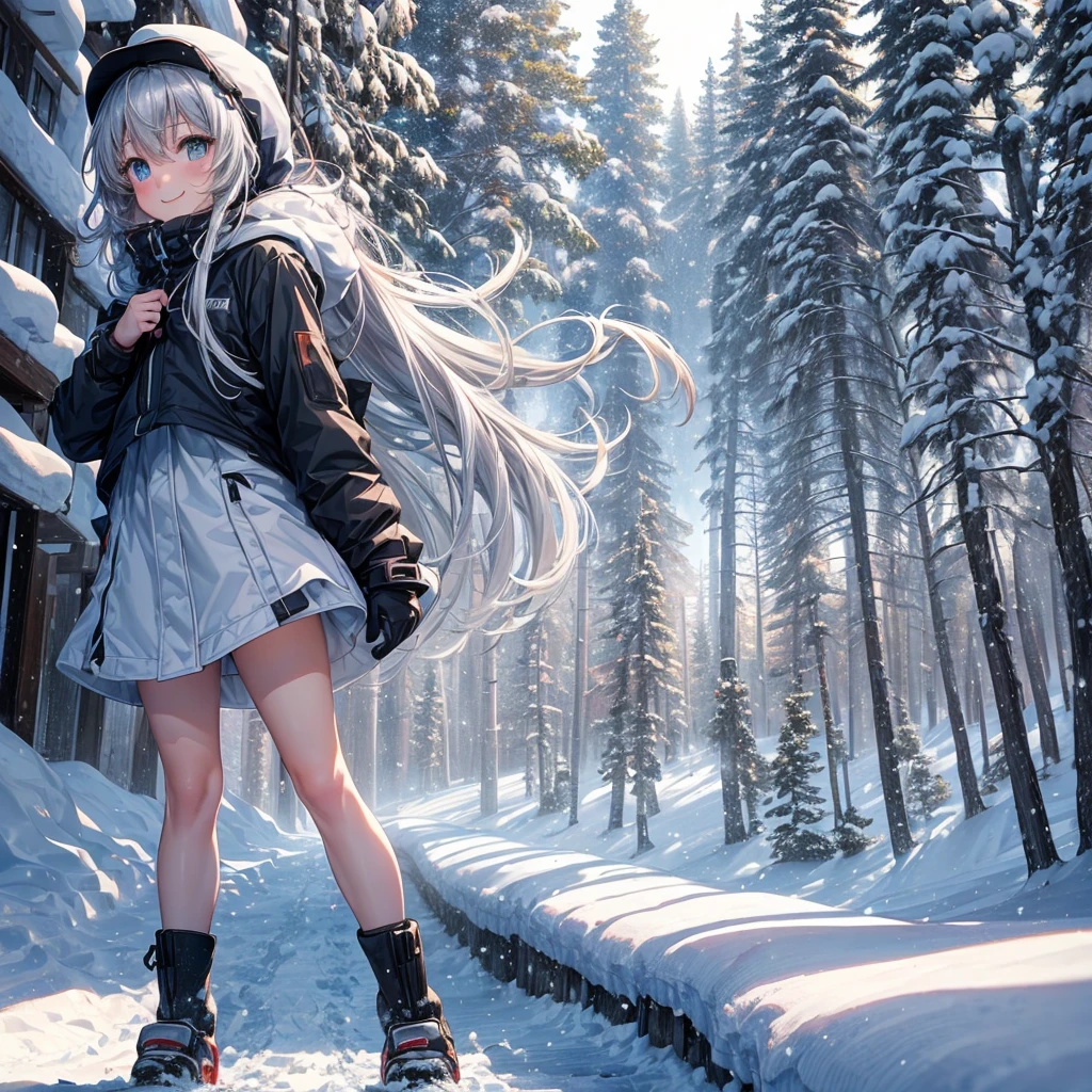 anime, Tabletop, Highest quality, 8k_wallpaper, (Beautiful Eyes), ((Snow is piling up)), cute, (Grayware、The outerwear is grey、Lower Gray), (Slope with big trees),One Girl,small ,1 female student、smile,(Slope with big trees)、(((Snow as far as the eye can see)))、Ski resort on a sunny day、snow board、(((Girl Standing On Top Of A Mountain)))(((snow boardを着る)))、